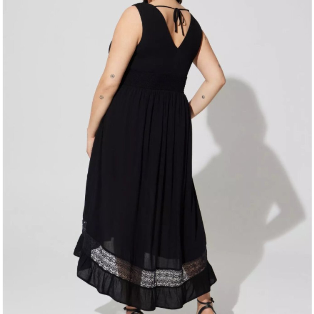 Torrid Maxi Gauze Lace Inset Hi-Low Dress – Deep Black | Size 4 - Picture 2 of 14